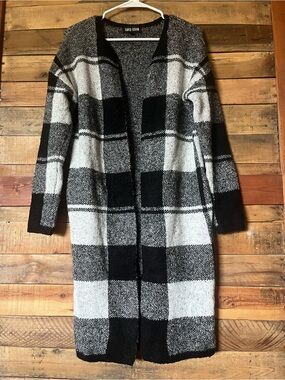 David Kahn Black & White Buffalo Plaid Open-Front Long Cardigan